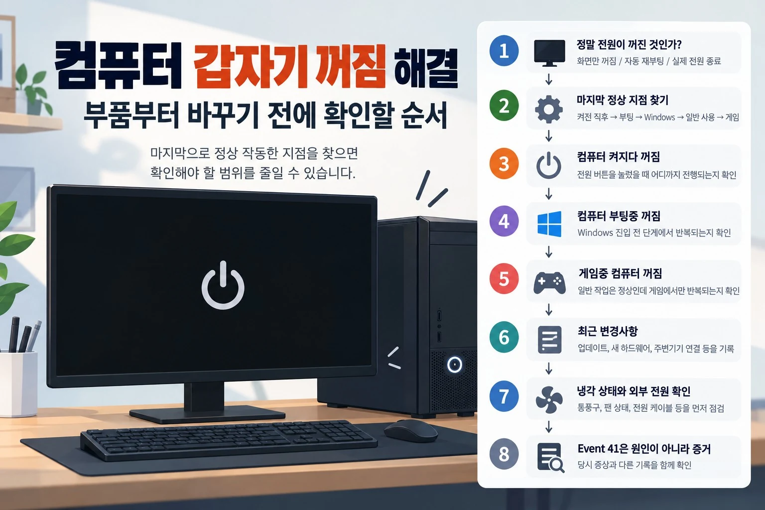 컴퓨터 갑자기 꺼짐 원인을 마지막 정상 지점부터 확인하는 순서