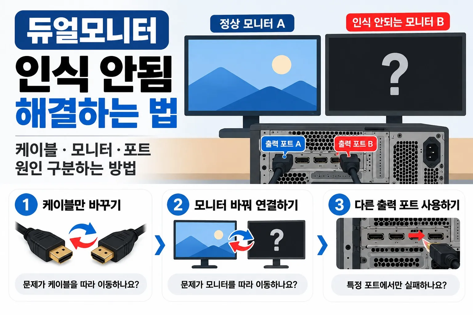 듀얼모니터 인식 안됨 원인을 케이블, 모니터, 출력 포트별로 구분하는 해결 가이드