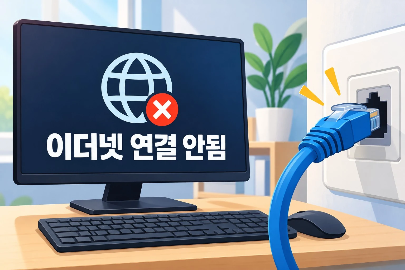 이더넷 연결 안됨 문제를 표현한 컴퓨터와 랜선 일러스트