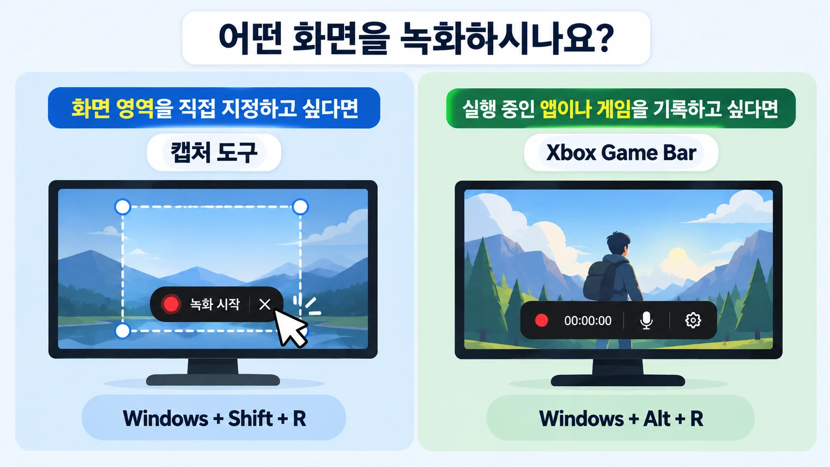 윈도우 화면 녹화 시 캡처 도구와 Xbox Game Bar 중 사용할 기능을 선택하는 방법