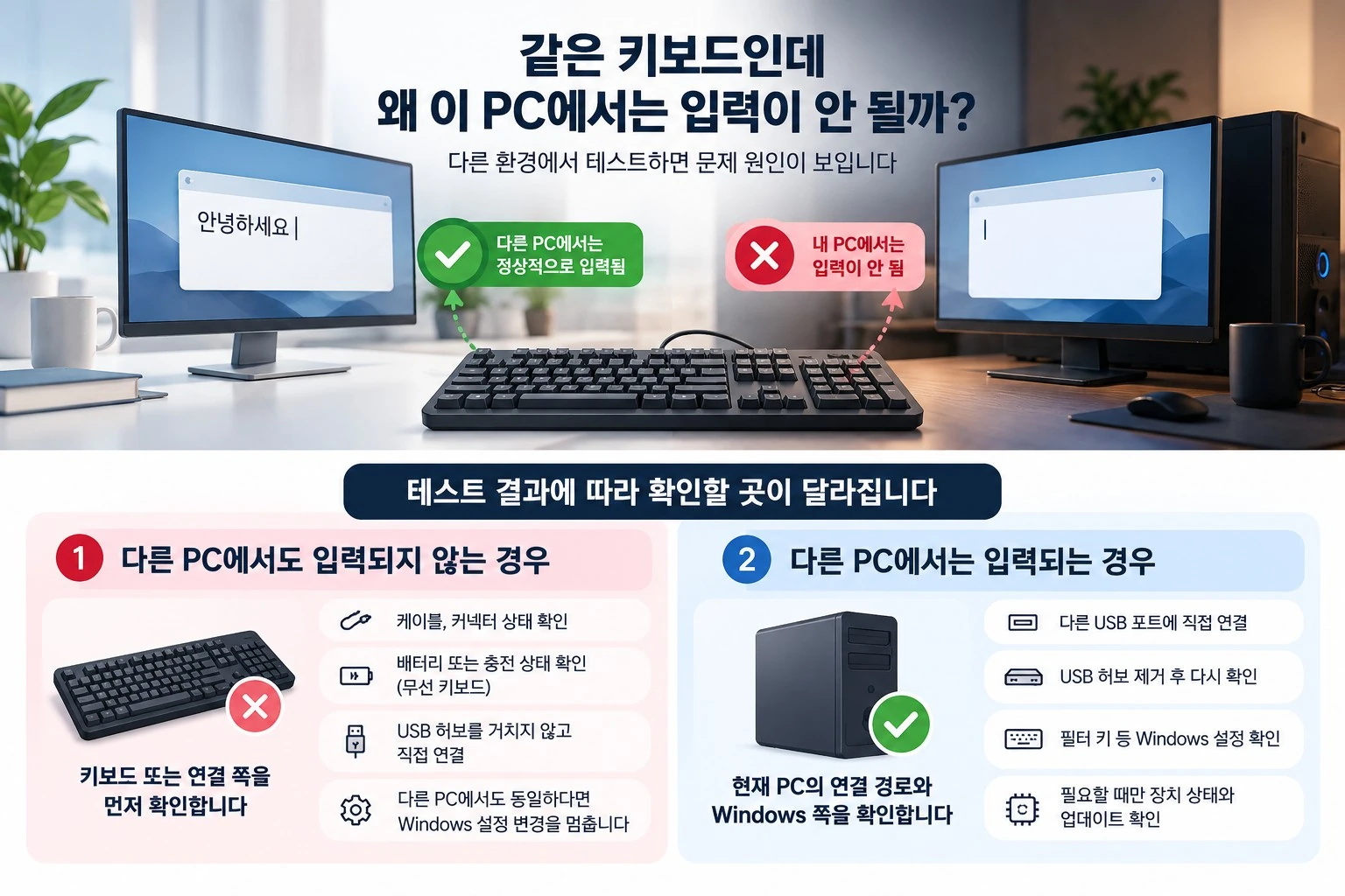 키보드 입력 안됨 원인을 다른 PC 테스트 결과로 구분하는 방법