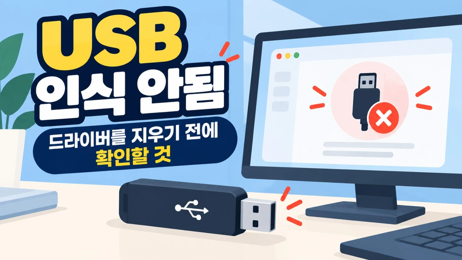 USB 인식 안됨 오류가 발생한 PC와 USB 장치를 표현한 안내 이미지