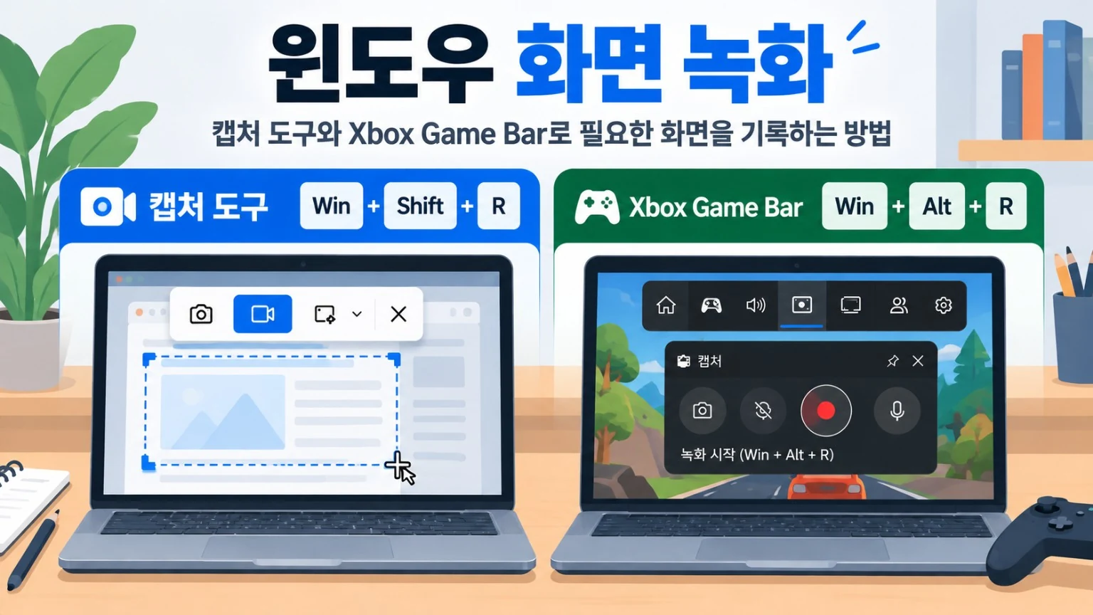윈도우 화면 녹화 방법 비교, 캡처 도구 Win Shift R과 Xbox Game Bar Win Alt R 단축키 안내 일러스트